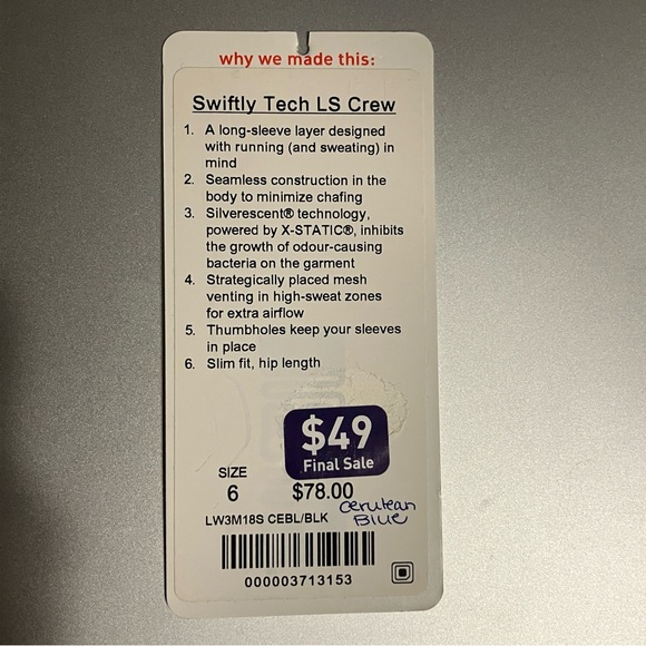 Lululemon Swiftly Tech Long Sleeved Crew in Cerulean Blue / Black Heather size 6 - Picture 8 of 9